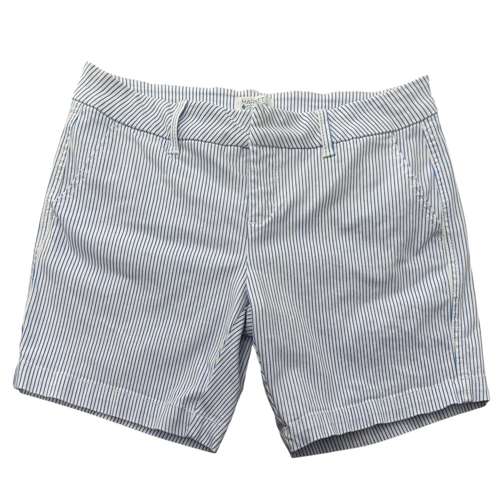 Market & Spruce Chino Shorts Cotton Stretch White & Blue Pinstripe Women's 2